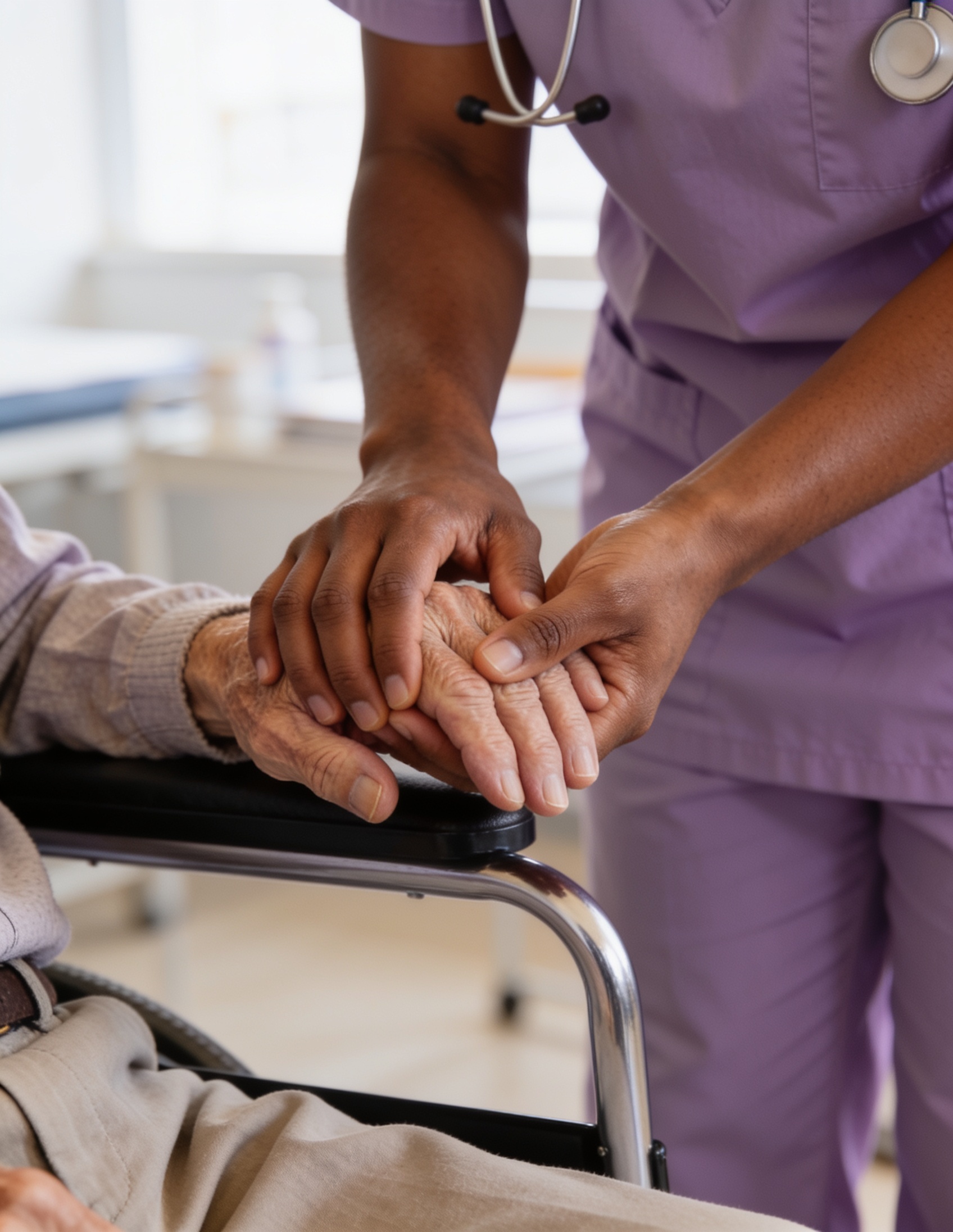 A nurse gently holding an elderly patient's hand in a clinic