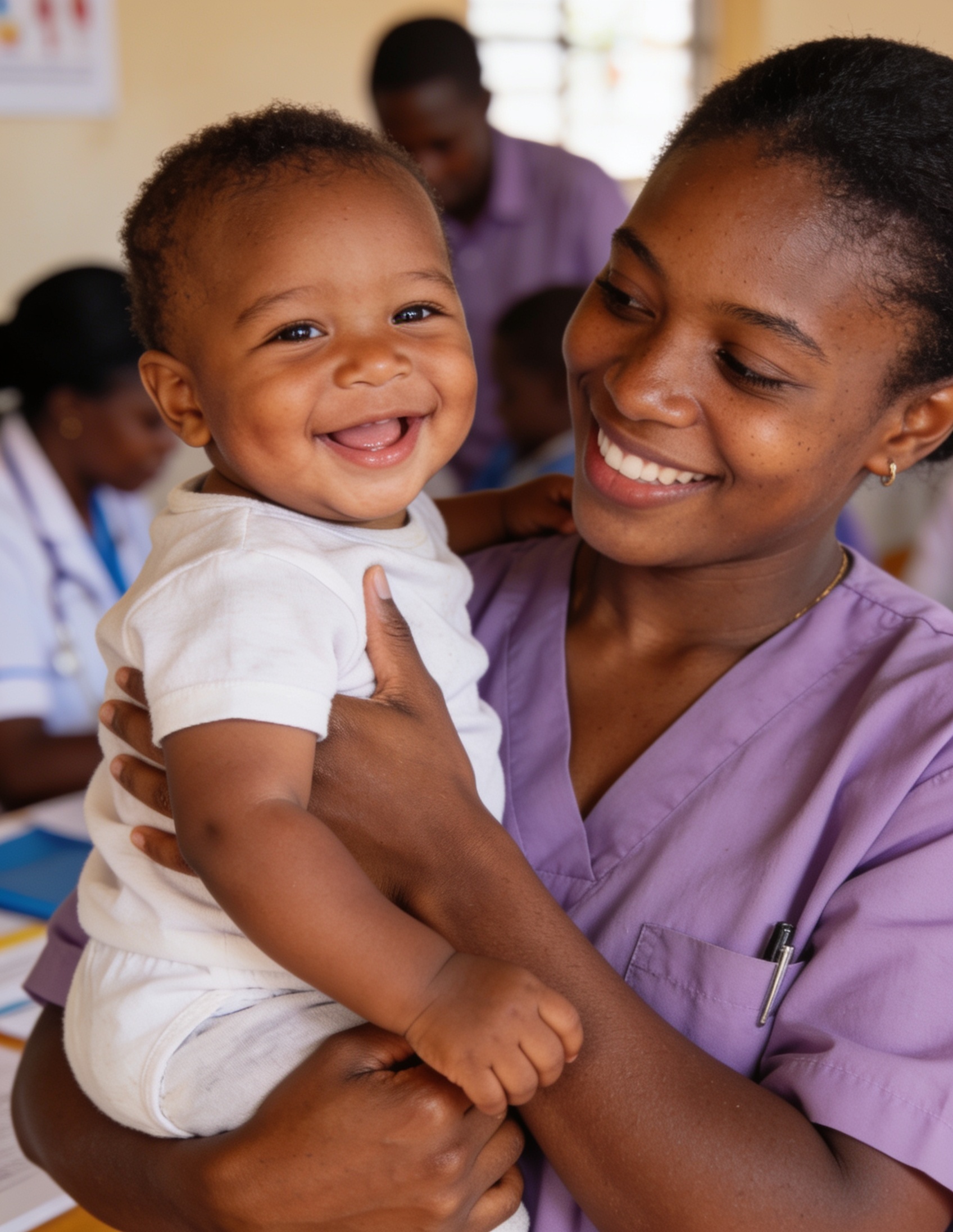 A caregiver holding a healthy, smiling baby at a checkup
