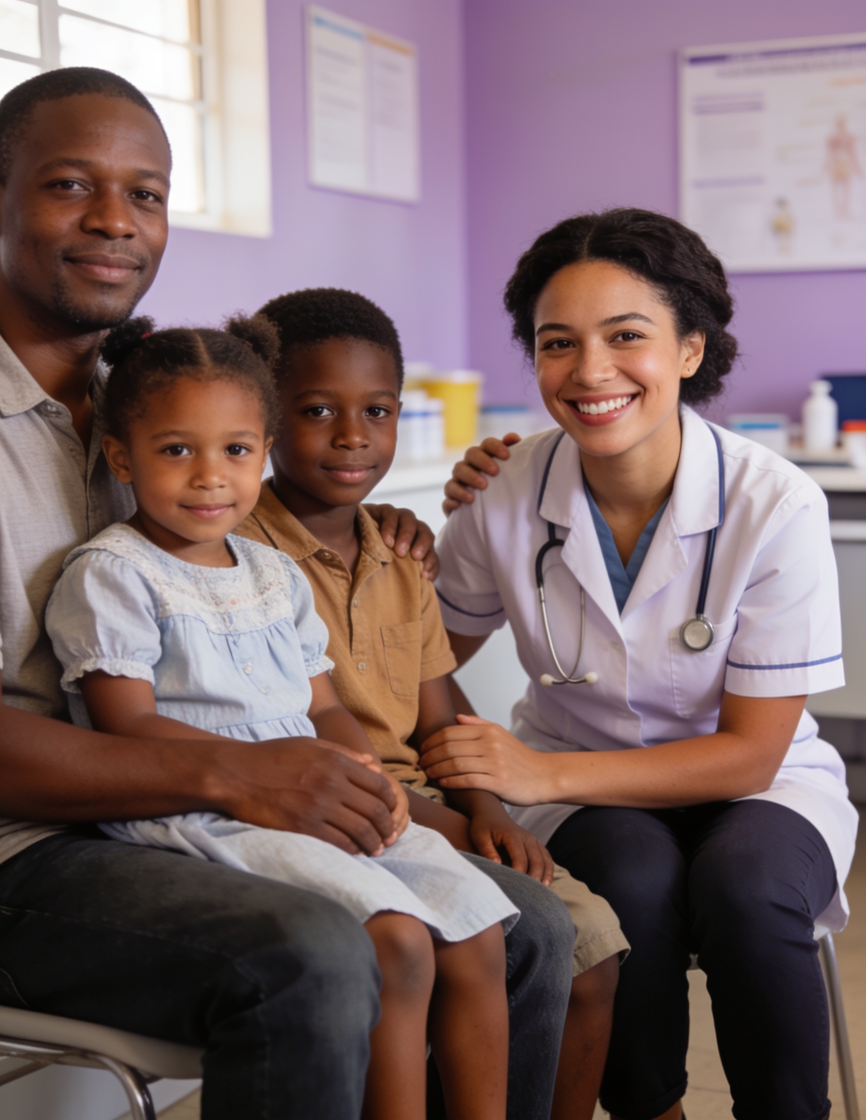 A community health worker supporting a family in a bright clinic