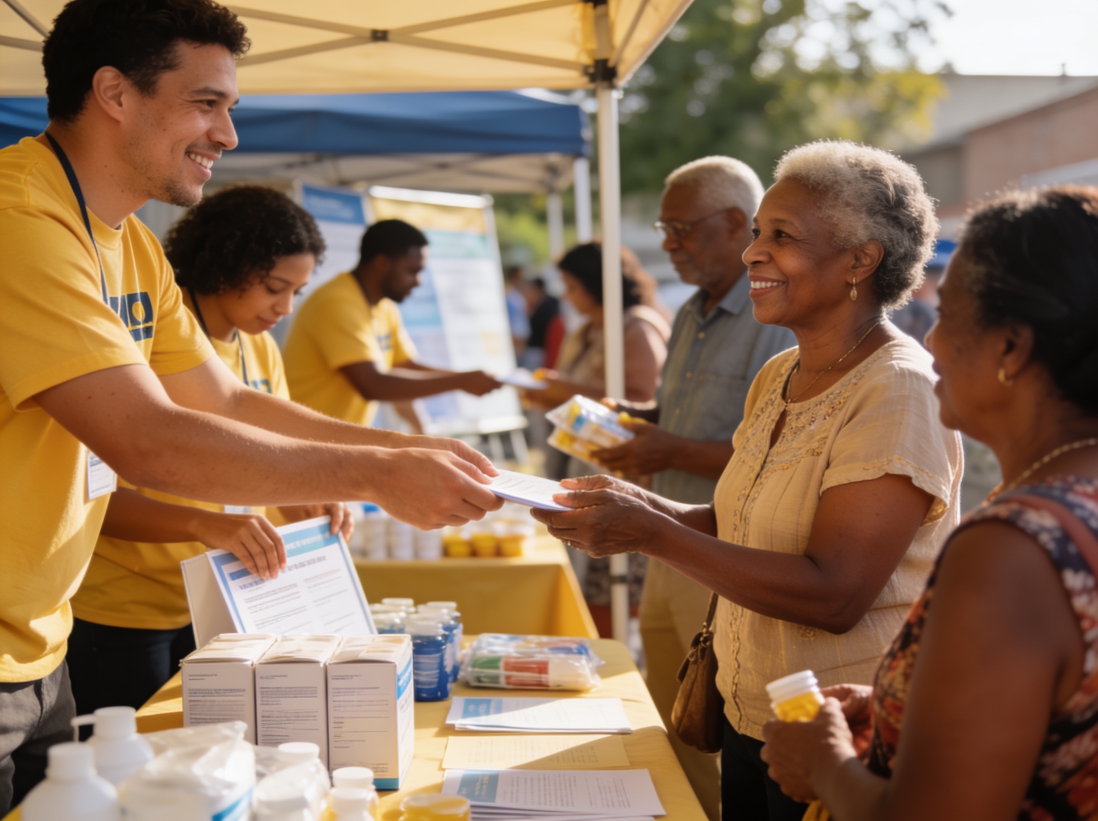 Volunteers handing out information at a community event stall