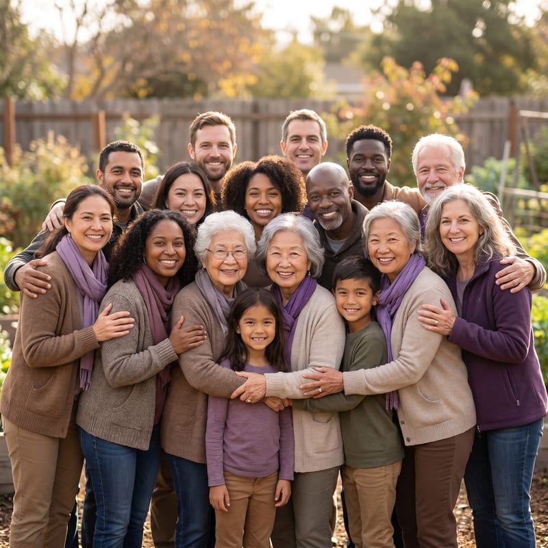 Families and friends gathered close together for a celebration photo